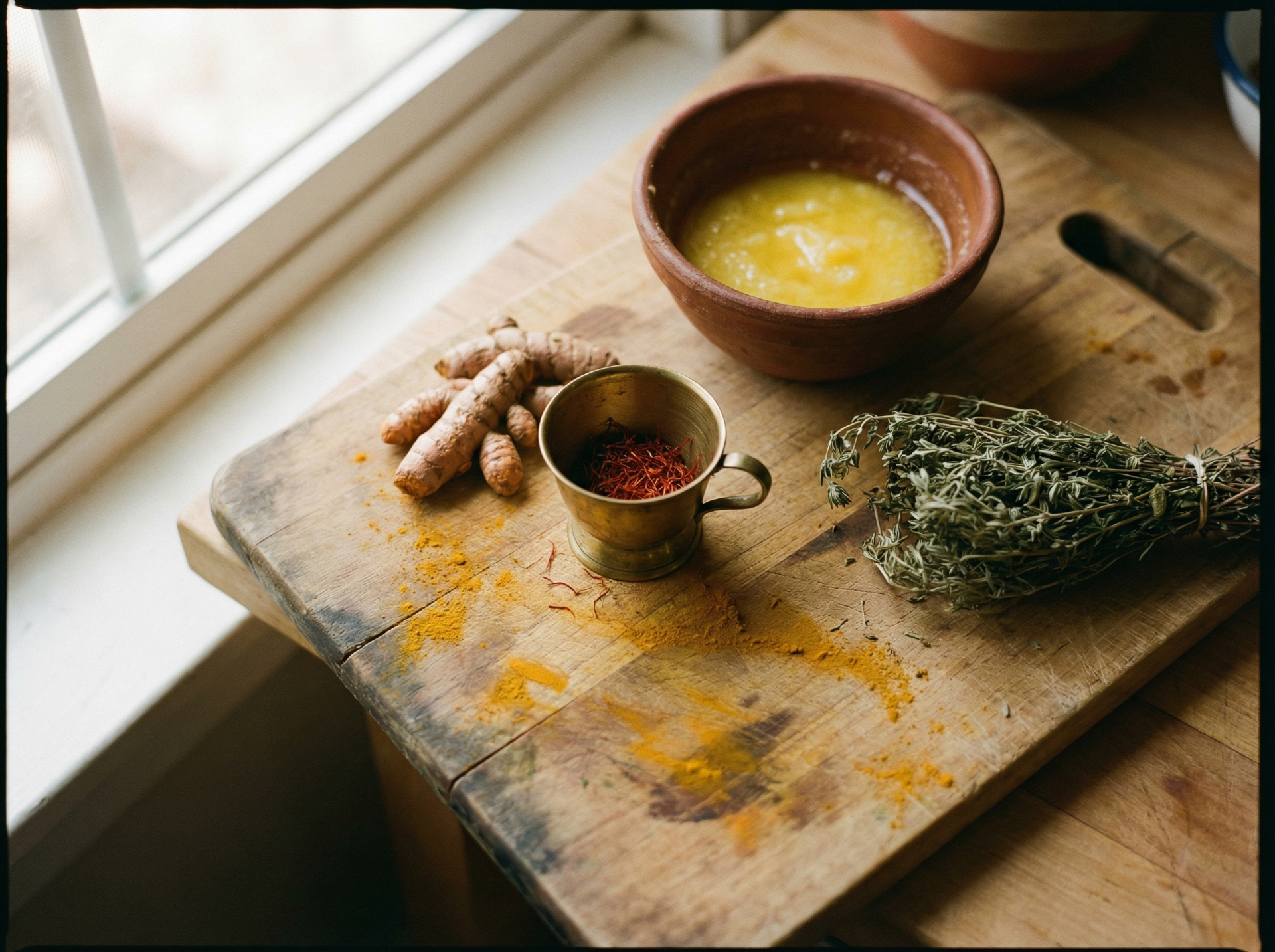 Raw turmeric, saffron threads, ghee and dried herbs on a worn wooden cutting board by a window
