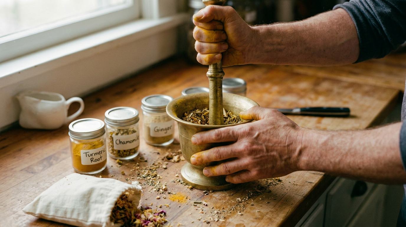 Hands grinding dried botanicals in a brass mortar and pestle surrounded by labelled ingredient jars