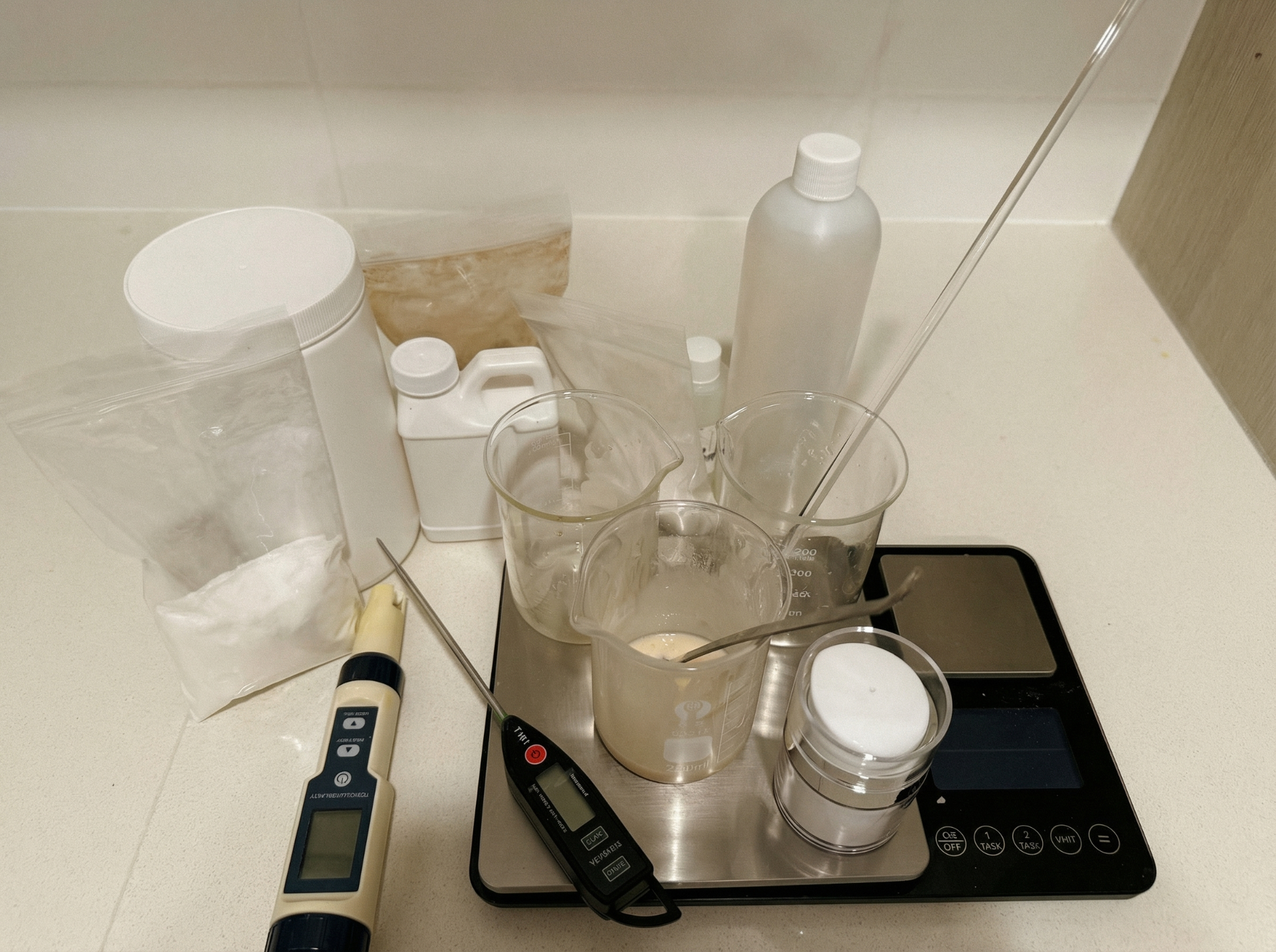 Precision formulation lab with beakers, pH meter, thermometer, and digital scale
