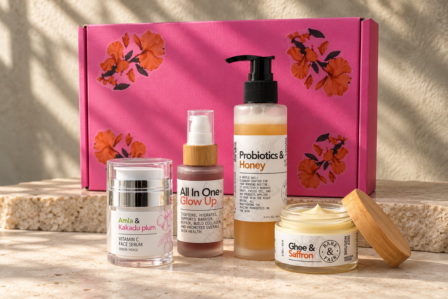 Anti-Aging Ritual: pink floral gift box with Probiotics & Honey Daily Cleanser, Glow Up Serum, Amla & Kakadu Plum Vitamin C Face Serum, Ghee & Saffron Deep Moisture