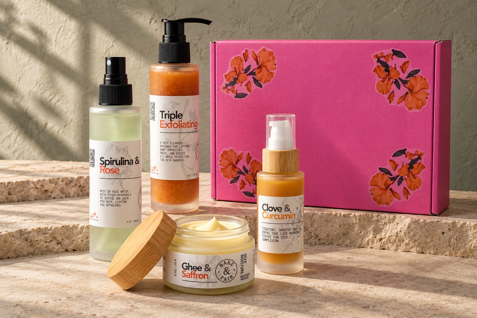 Evening Restore: pink floral gift box with Sandalwood Triple Exfoliating Face Wash, Spirulina & Rose Face Toner, Clove & Curcumin Aloe Vera Serum, Ghee & Saffron Deep Moisture