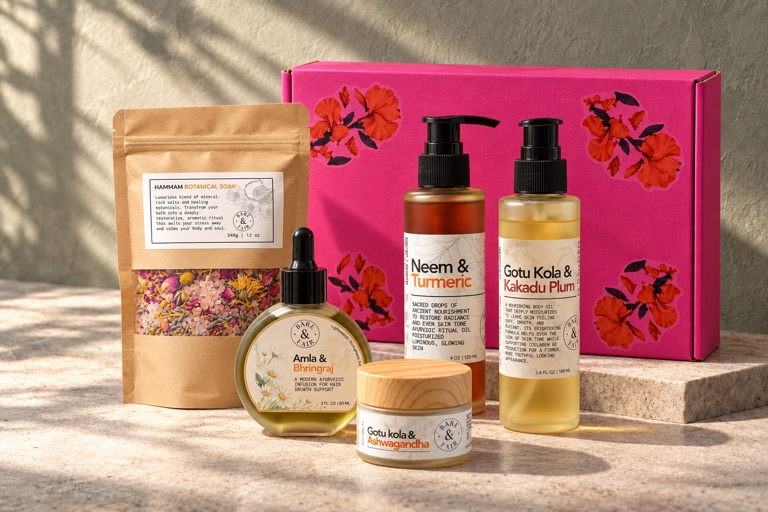 Bare & Fair Head-to-Toe hamper with body-care products and floral gift box