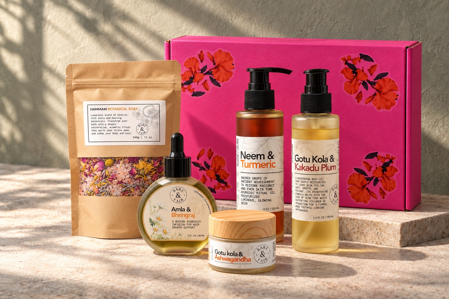 Head-to-Toe Indulgence: pink floral gift box with Amla & Bhringraj Growth Hair Oil, Neem & Turmeric Body Oil, Hammam Botanical Soak, Gotu Kola & Kakadu Plum Body Oil, Ashwagandha & Gotu Kola Cream